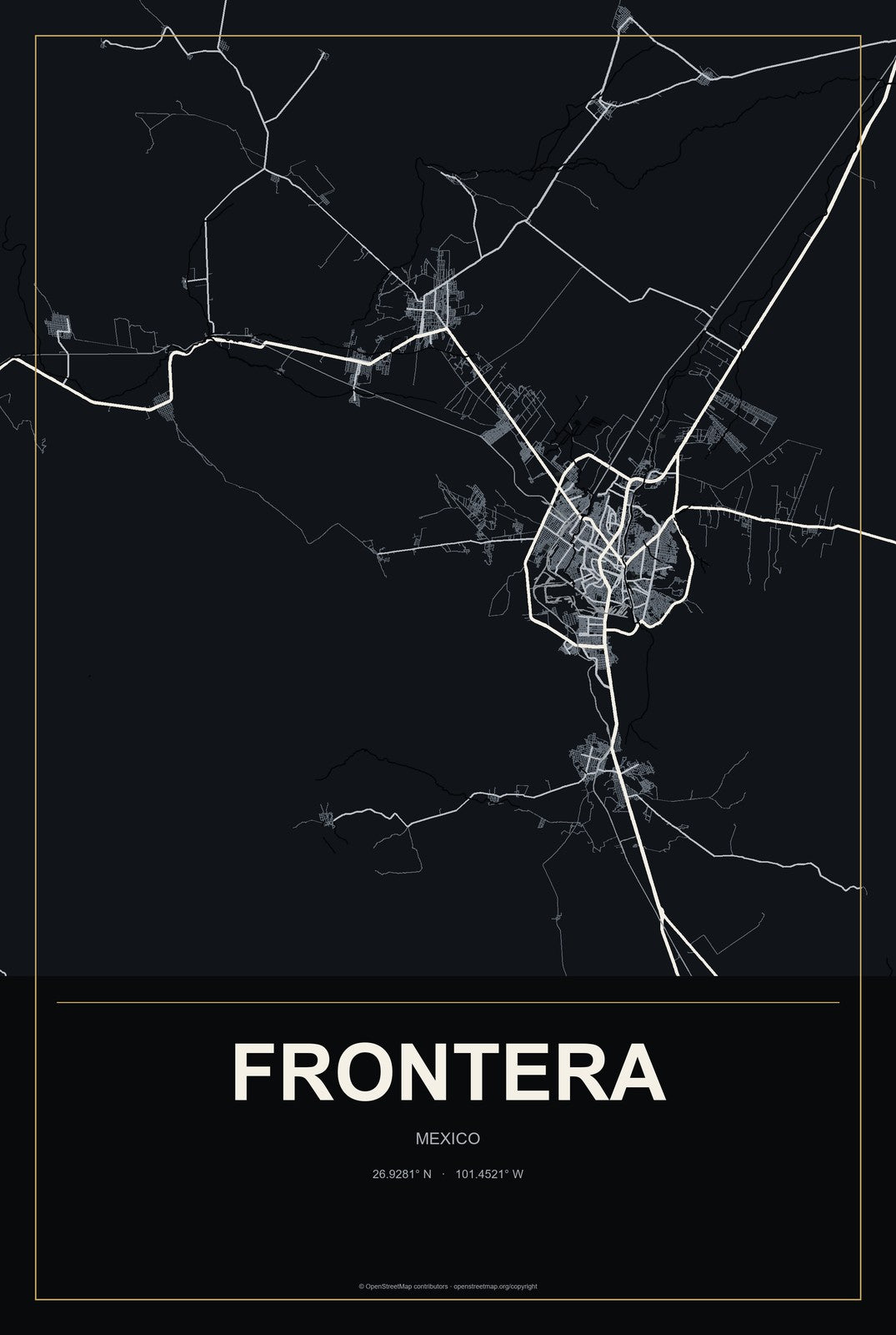Frontera, Coahuila, Mexico City Map Aluminum Sign in Metropolitan Noir style