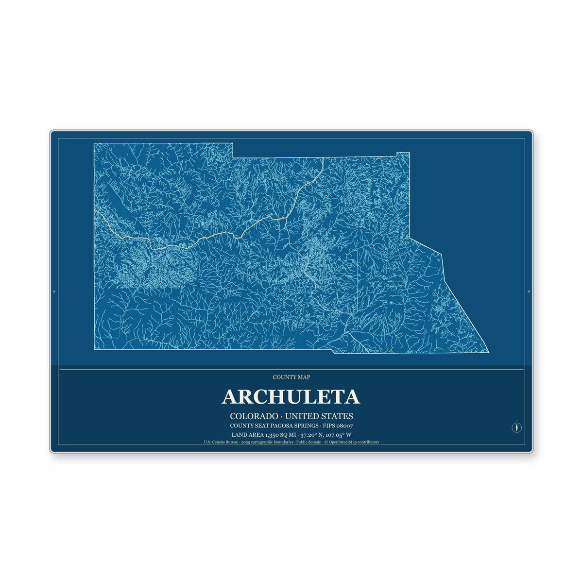 Archuleta County, Colorado Map Aluminum Sign in Harbor Cobalt style