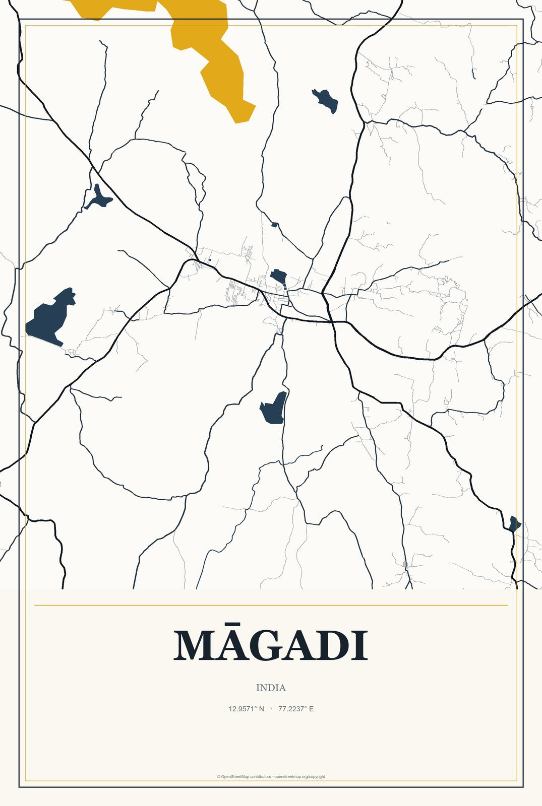 Māgadi, India City Map Aluminum Sign in Citrine Modern style