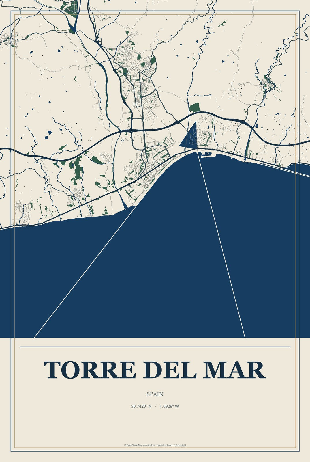 Torre del Mar, Spain City Map Aluminum Sign in Coastal Cutout style