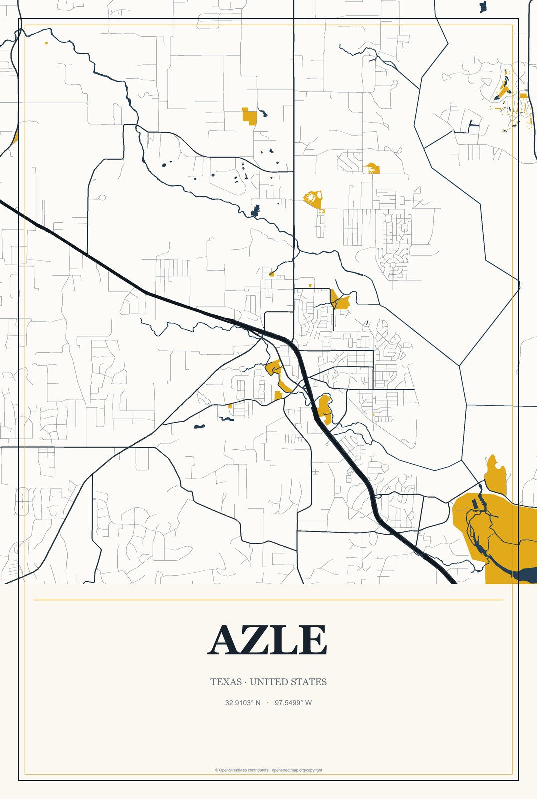 Azle, Texas City Map Aluminum Sign in Citrine Modern style