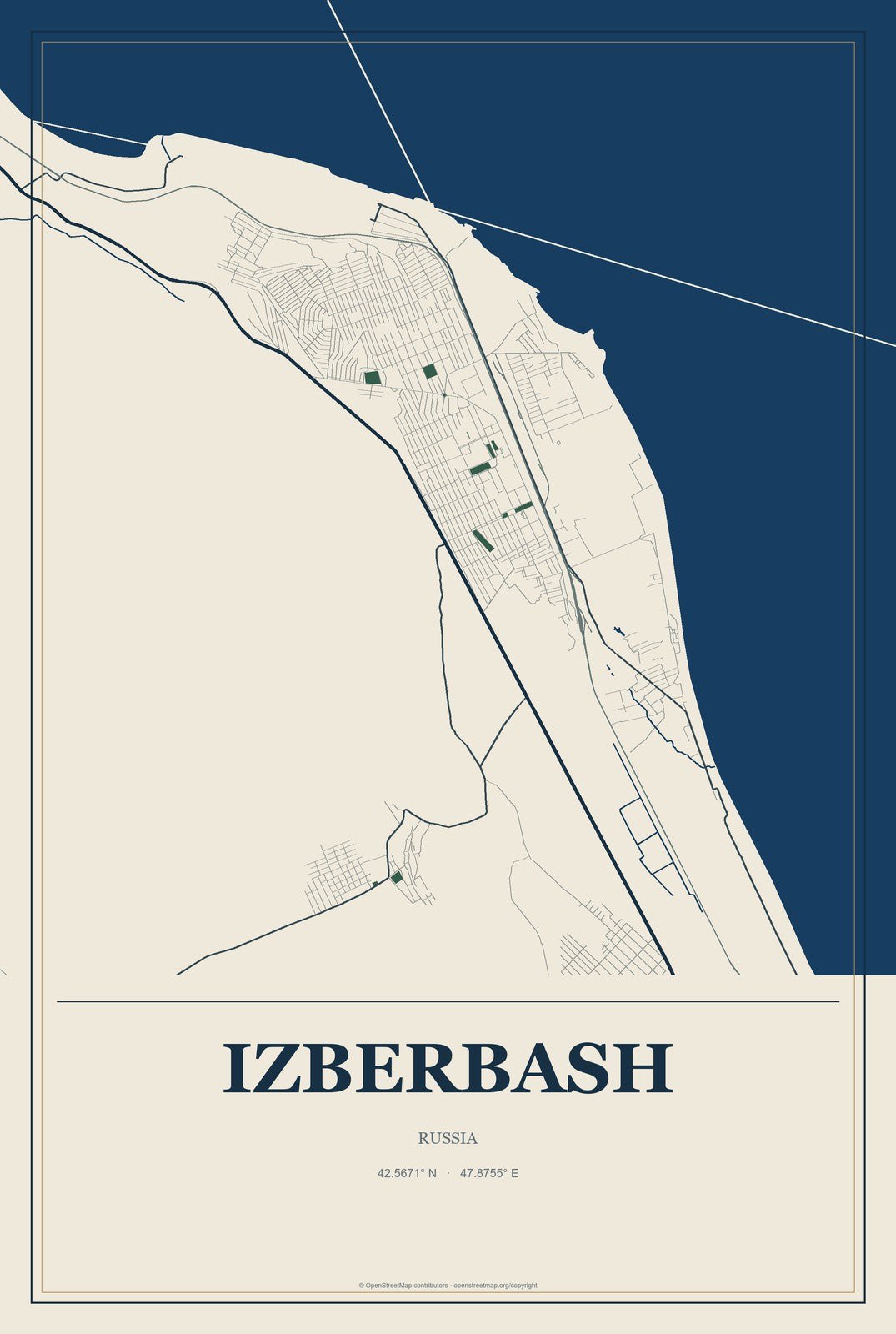 Izberbash, Russia City Map Aluminum Sign in Coastal Cutout style