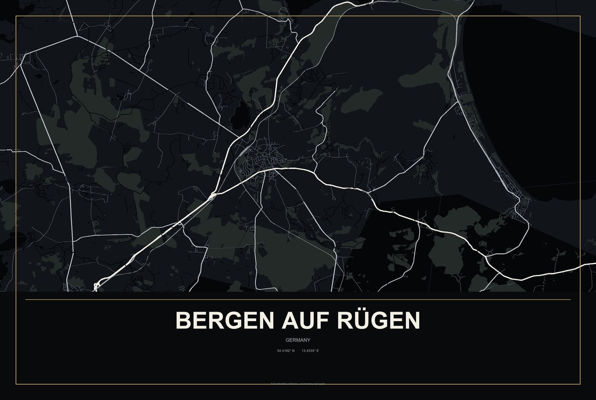 Bergen auf Rügen, Germany City Map Aluminum Sign in Metropolitan Noir style