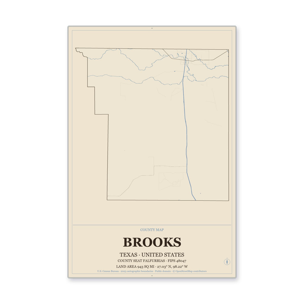 Brooks County, Texas Map Aluminum Sign in Heritage Nautical style