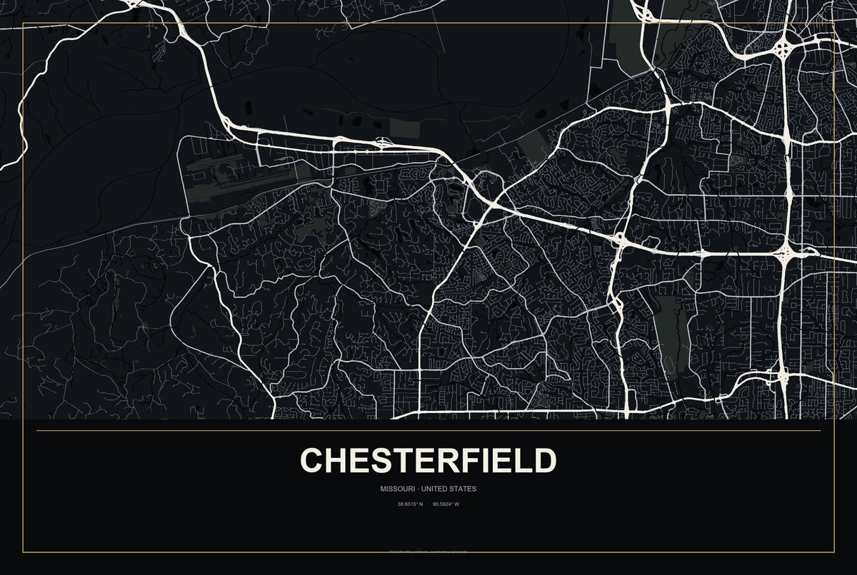 Chesterfield, Missouri City Map Aluminum Sign in Metropolitan Noir style