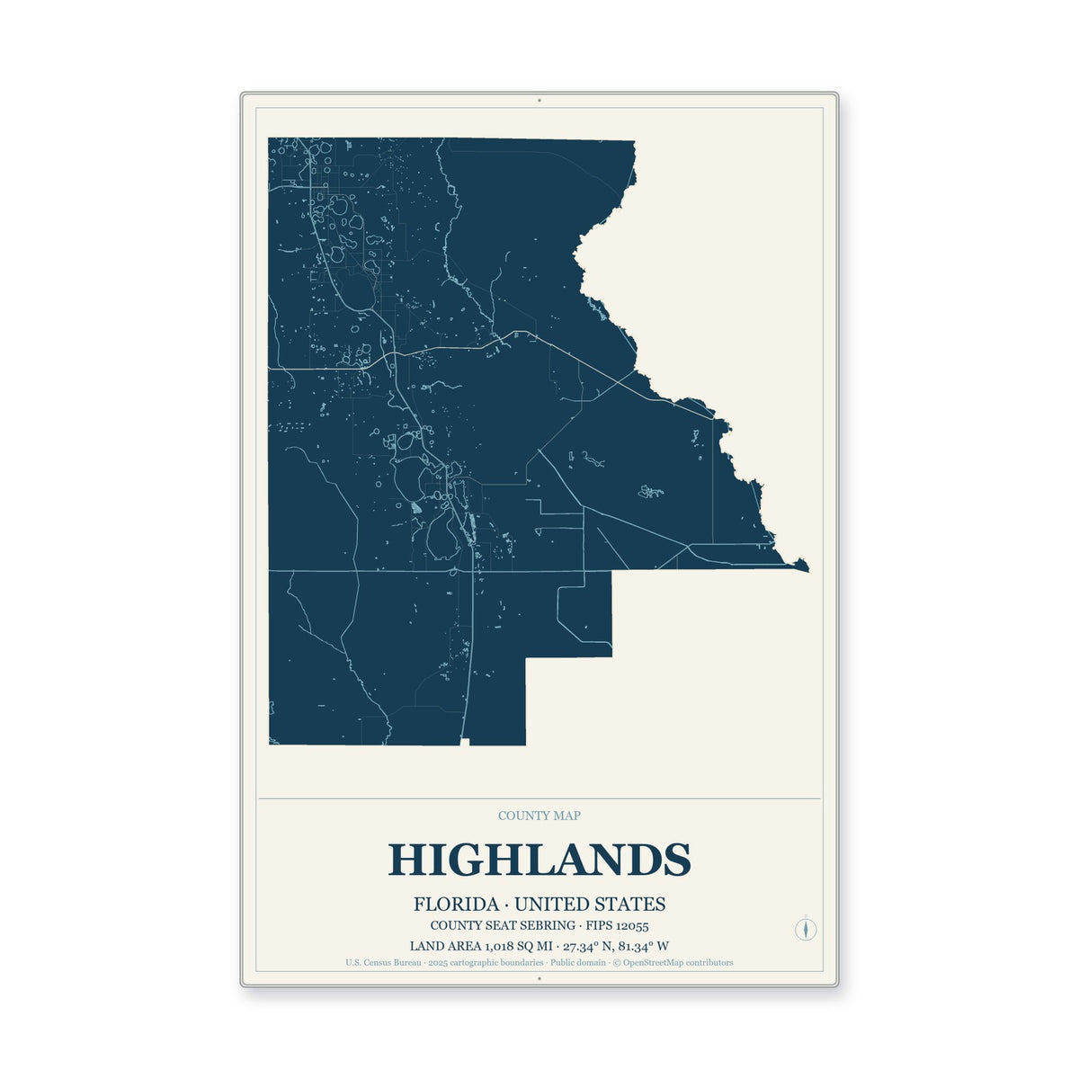 Highlands County, Florida Map Aluminum Sign in Coastal Cutout style
