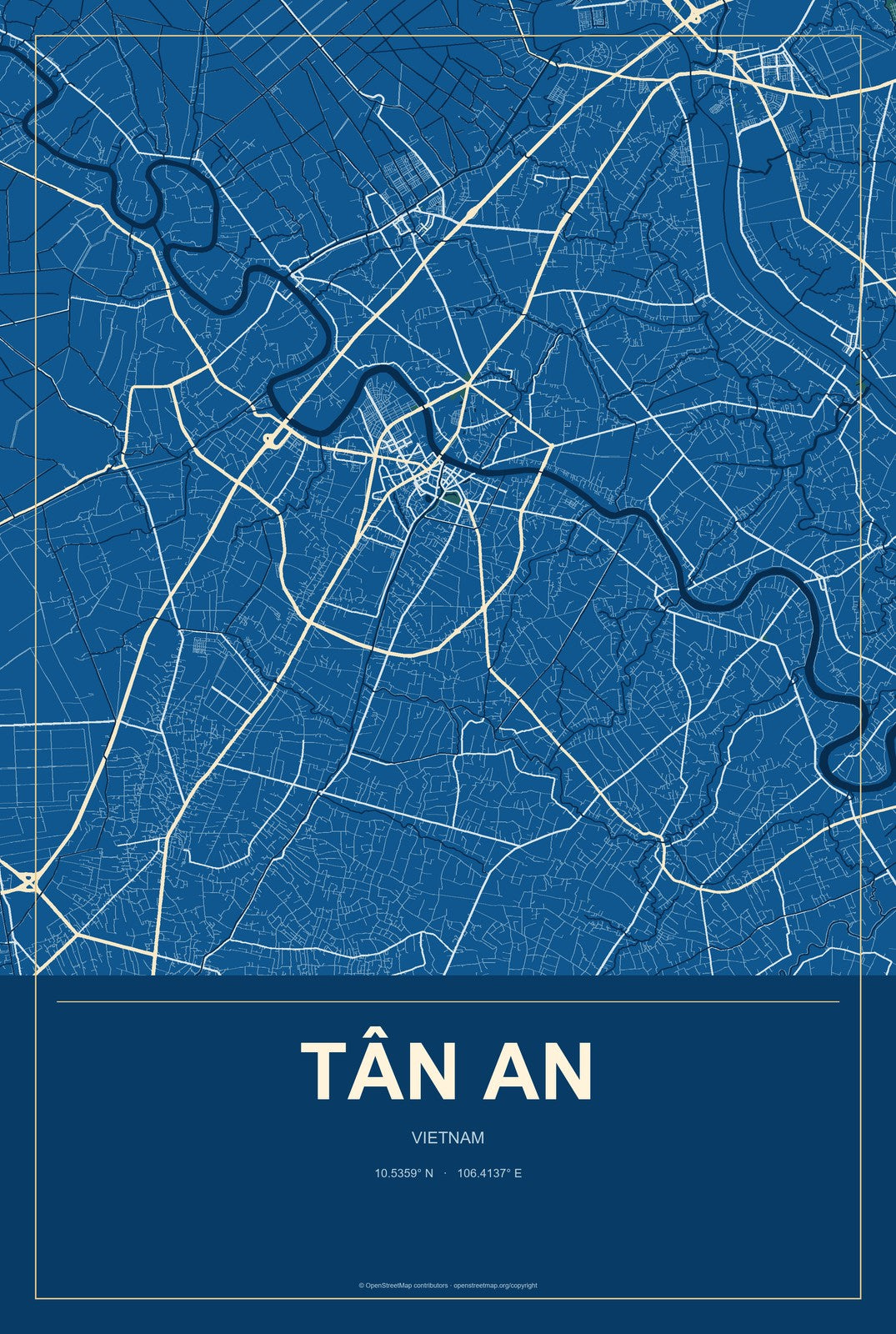 Tân An, Vietnam City Map Aluminum Sign in Harbor Cobalt style