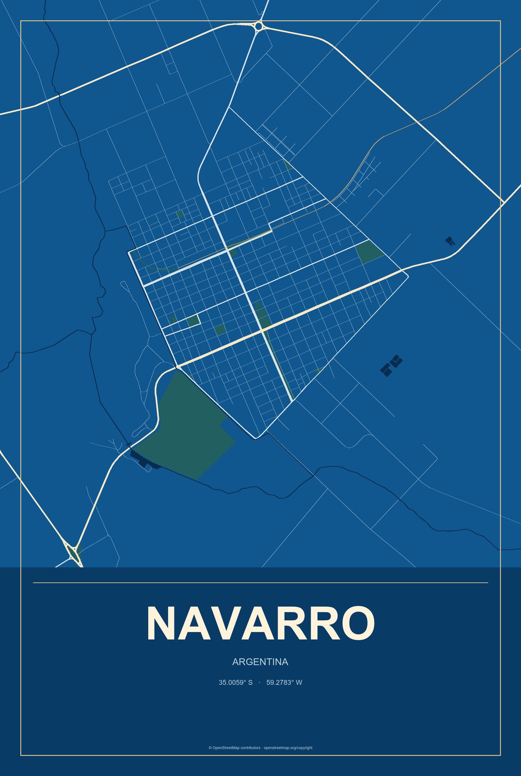 Navarro, Argentina City Map Aluminum Sign in Harbor Cobalt style