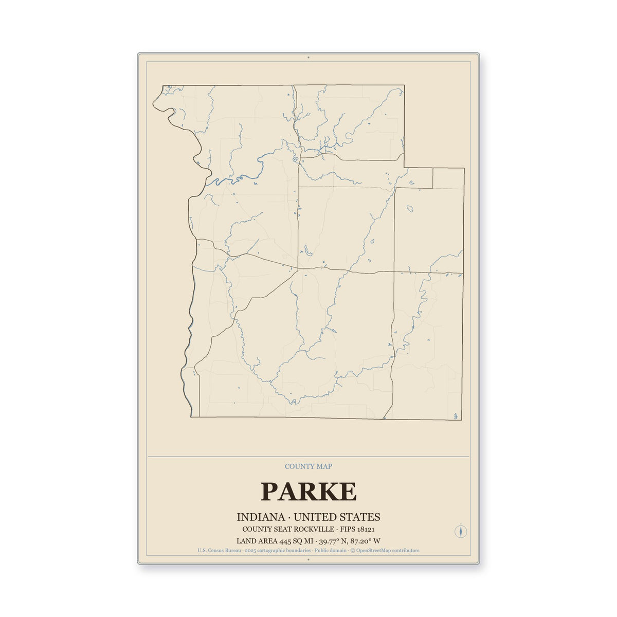 Parke County, Indiana Map Aluminum Sign in Heritage Nautical style