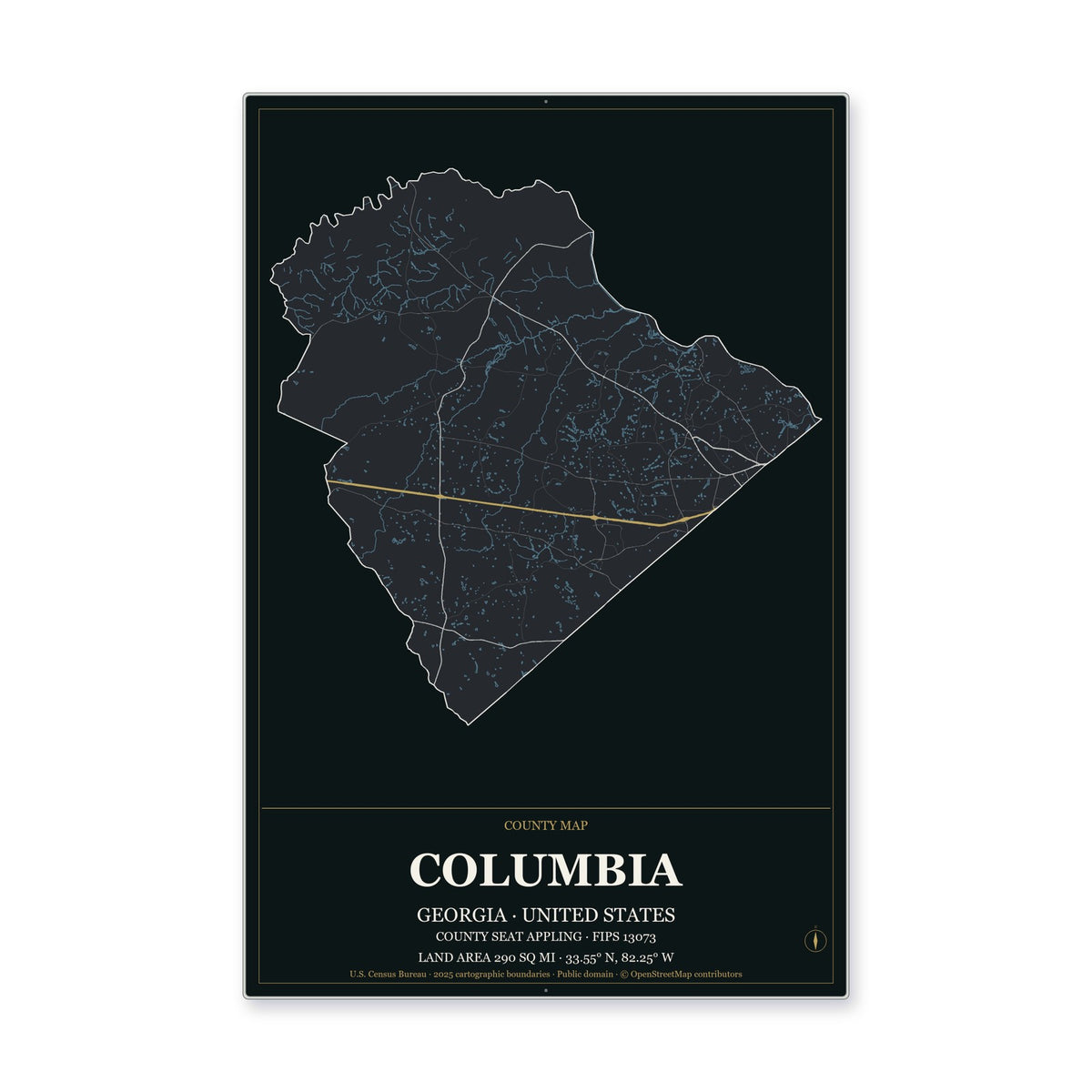 Columbia County, Georgia Map Aluminum Sign in Metropolitan Noir style