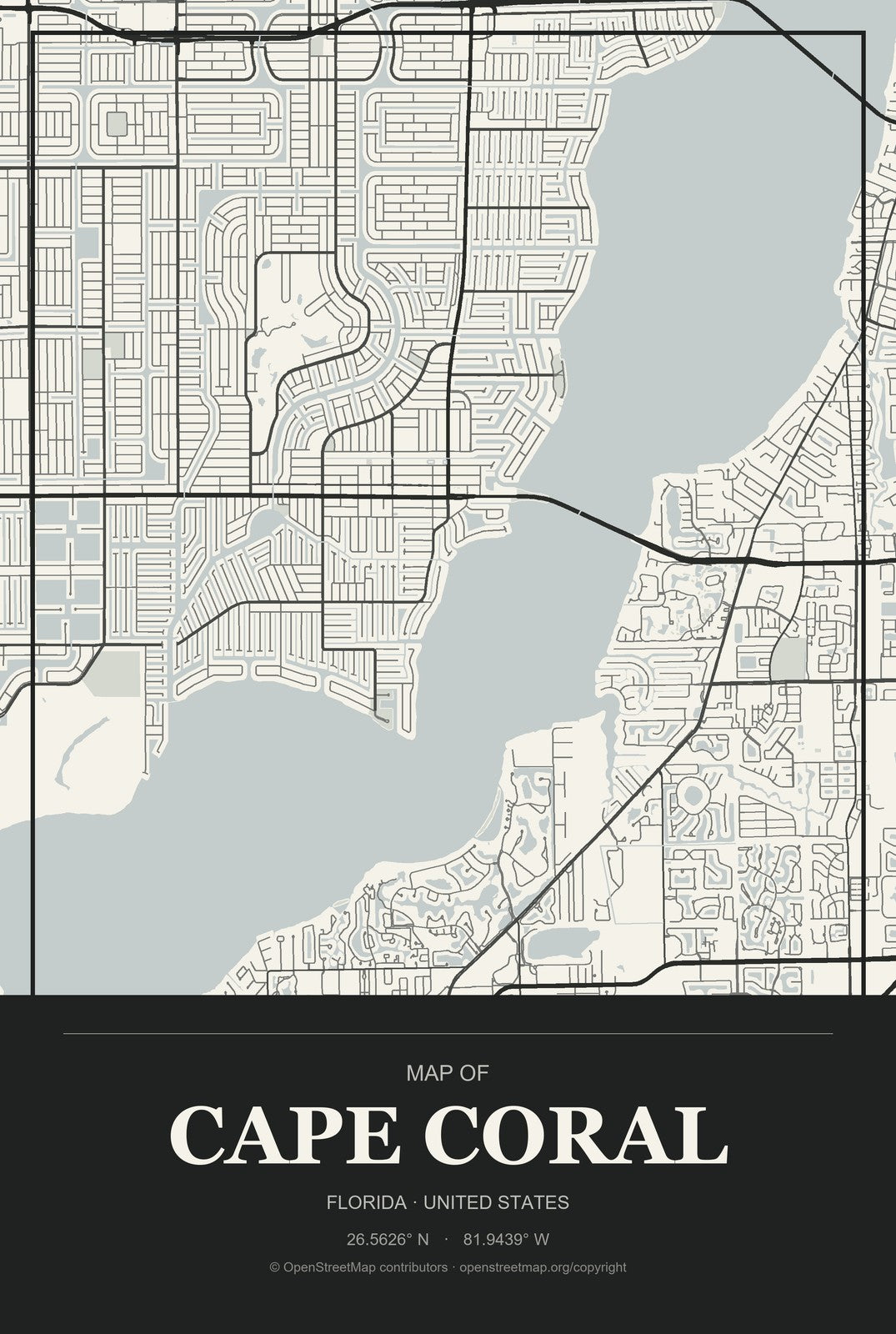 Cape Coral, Florida City Map Aluminum Sign in Museum Plaque style