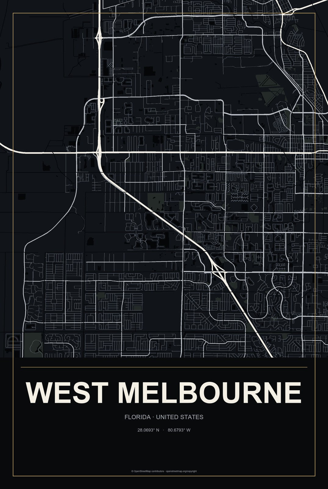 West Melbourne, Florida City Map Aluminum Sign in Metropolitan Noir style