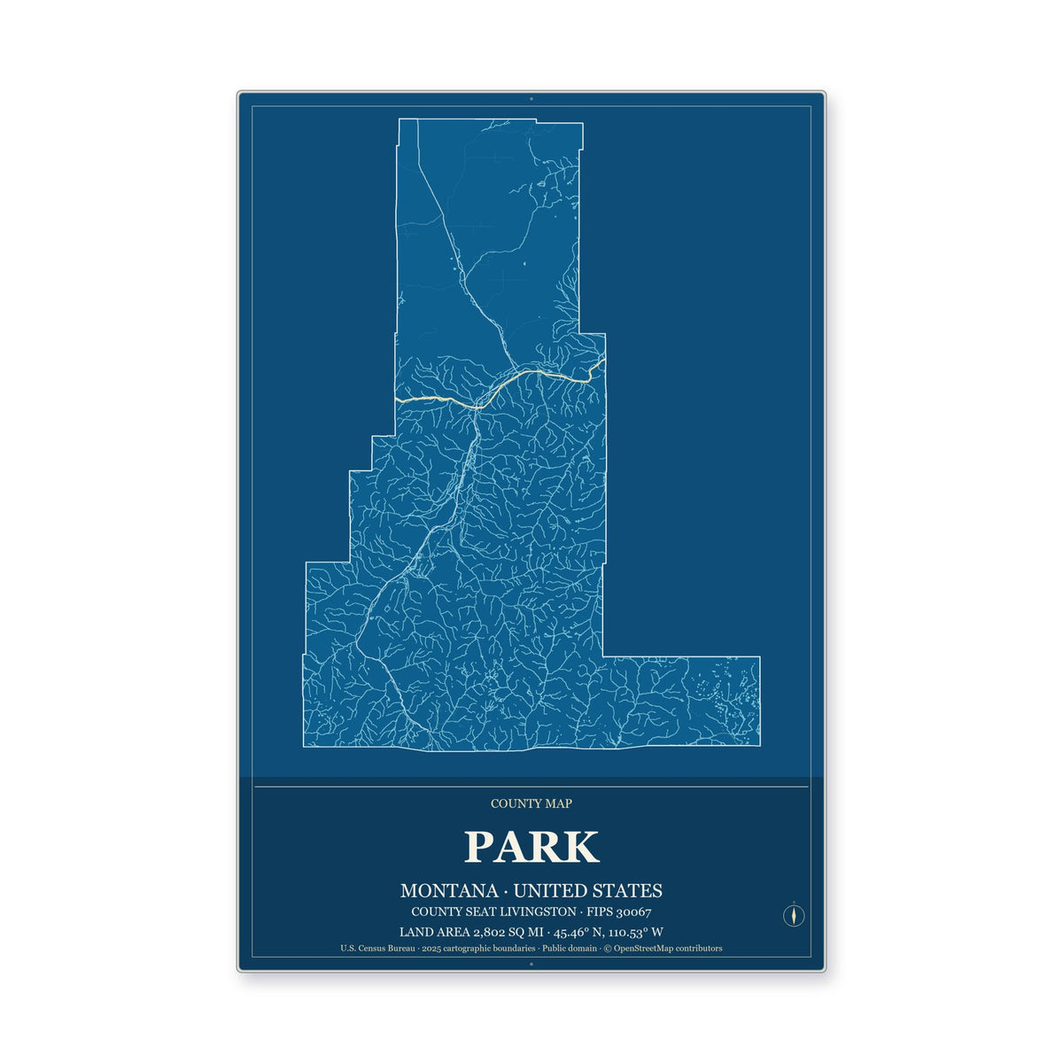 Park County, Montana Map Aluminum Sign in Harbor Cobalt style