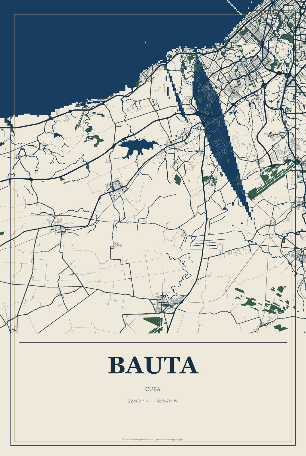 Bauta, Cuba City Map Aluminum Sign in Coastal Cutout style