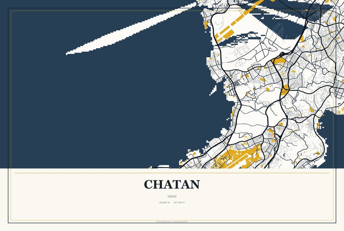 Chatan, Japan City Map Aluminum Sign in Citrine Modern style