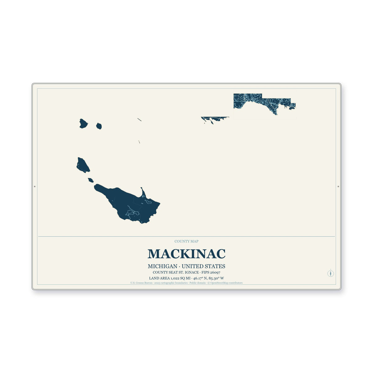 Mackinac County, Michigan Map Aluminum Sign in Coastal Cutout style