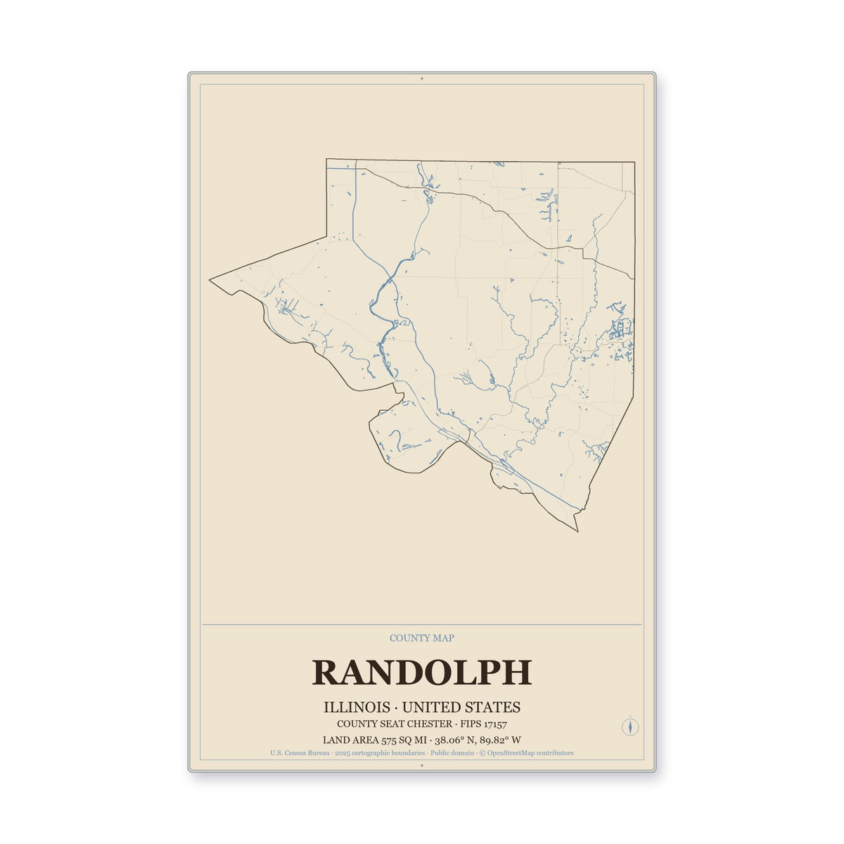 Randolph County, Illinois Map Aluminum Sign in Heritage Nautical style