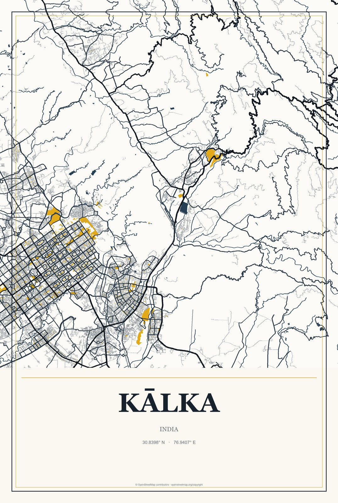 Kālka, India City Map Aluminum Sign in Citrine Modern style