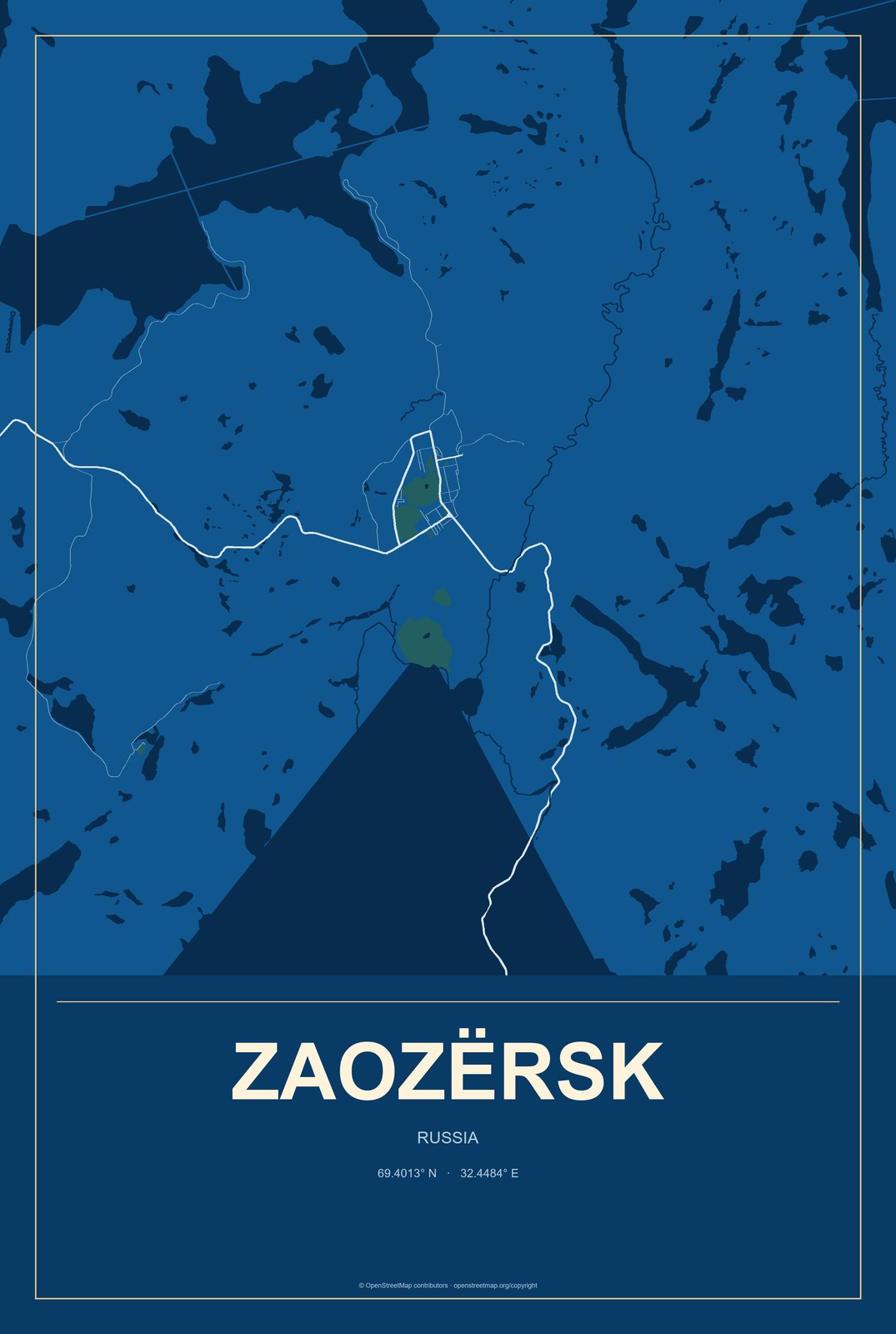 Zaozërsk, Russia City Map Aluminum Sign in Harbor Cobalt style