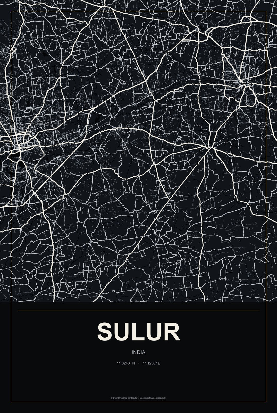 Sulur, India City Map Aluminum Sign in Metropolitan Noir style