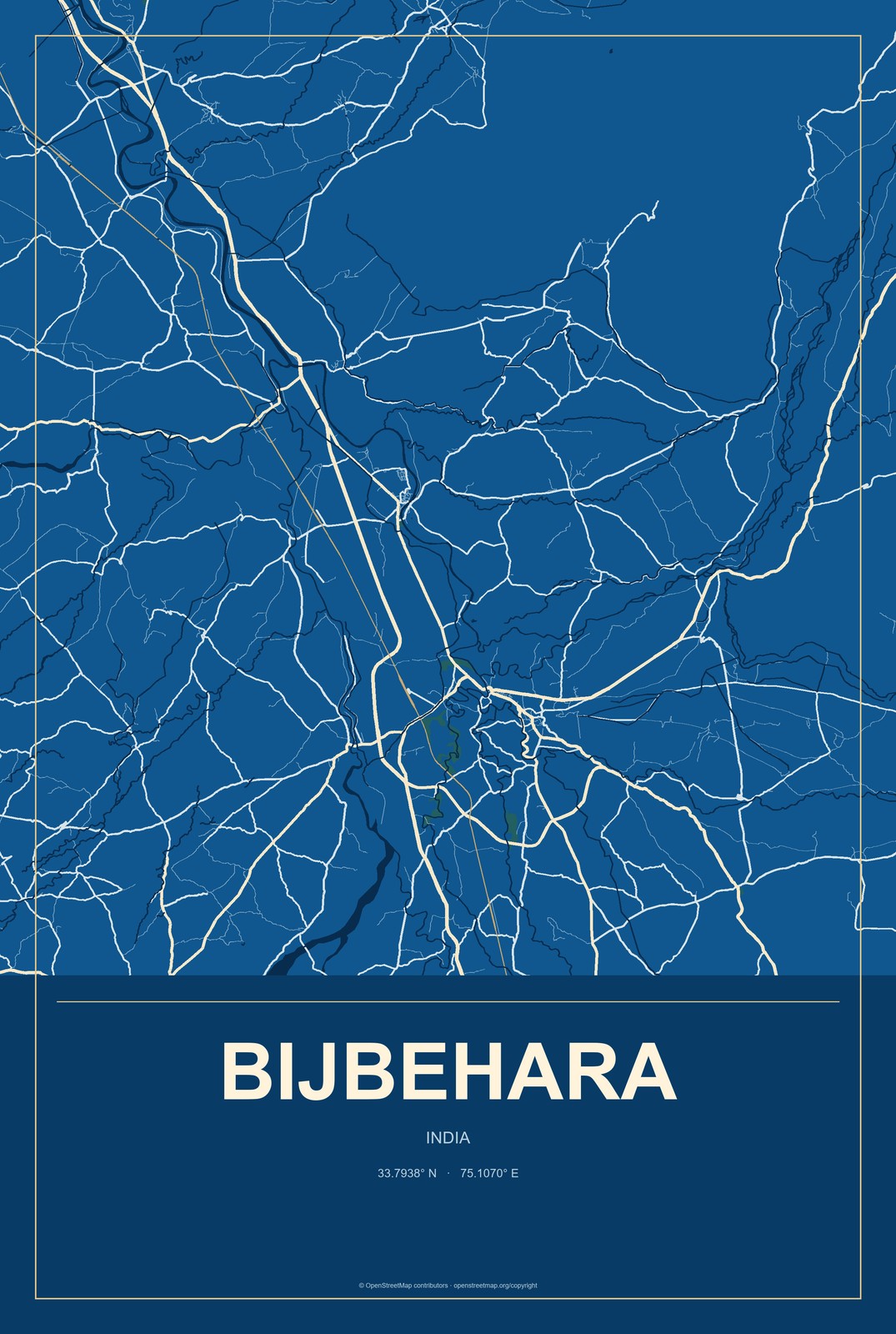 Bijbehara, India City Map Aluminum Sign in Harbor Cobalt style