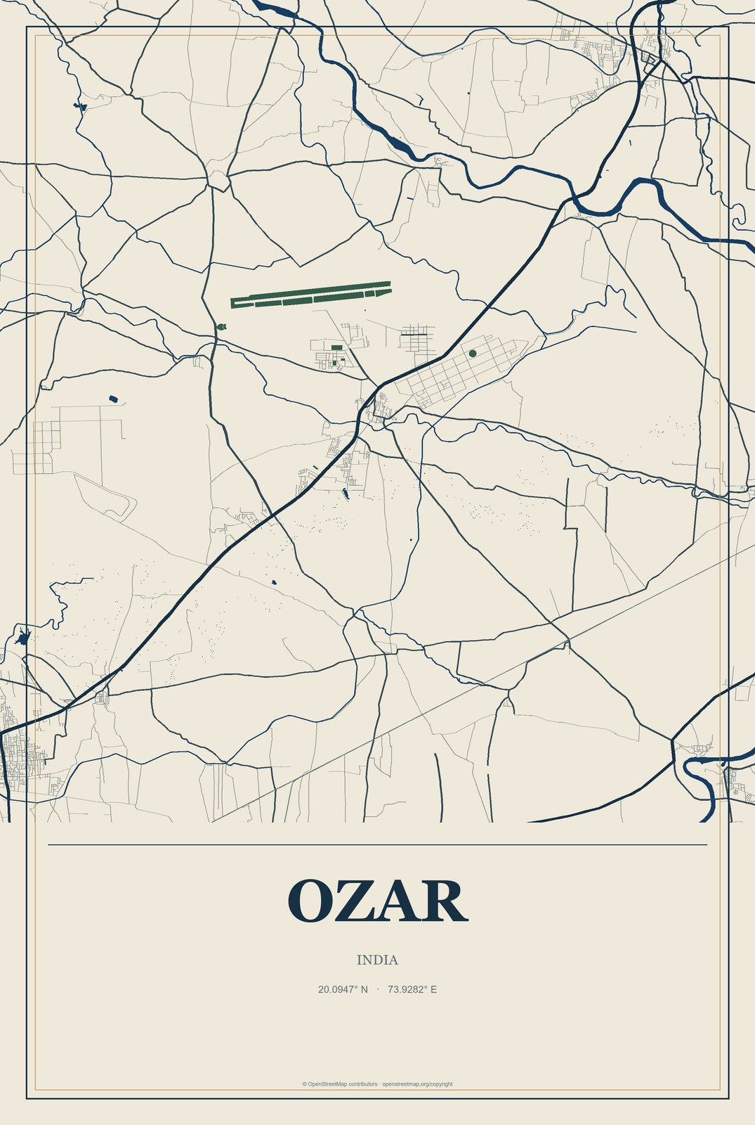 Ozar, India City Map Aluminum Sign in Coastal Cutout style