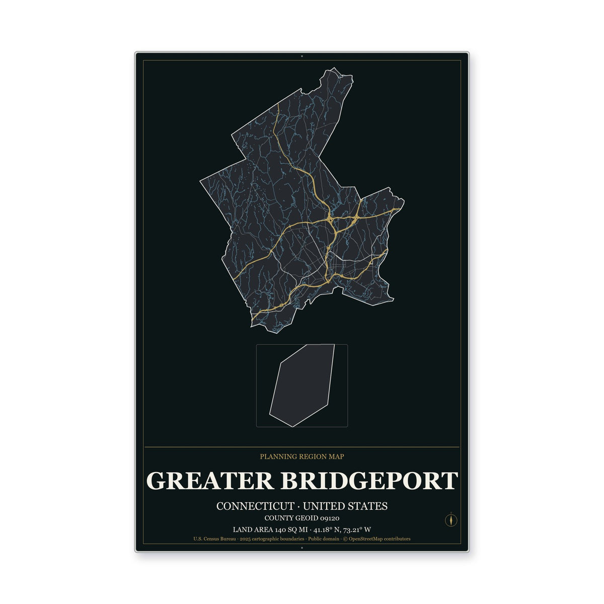 Greater Bridgeport Planning Region, Connecticut Map Aluminum Sign in Metropolitan Noir style