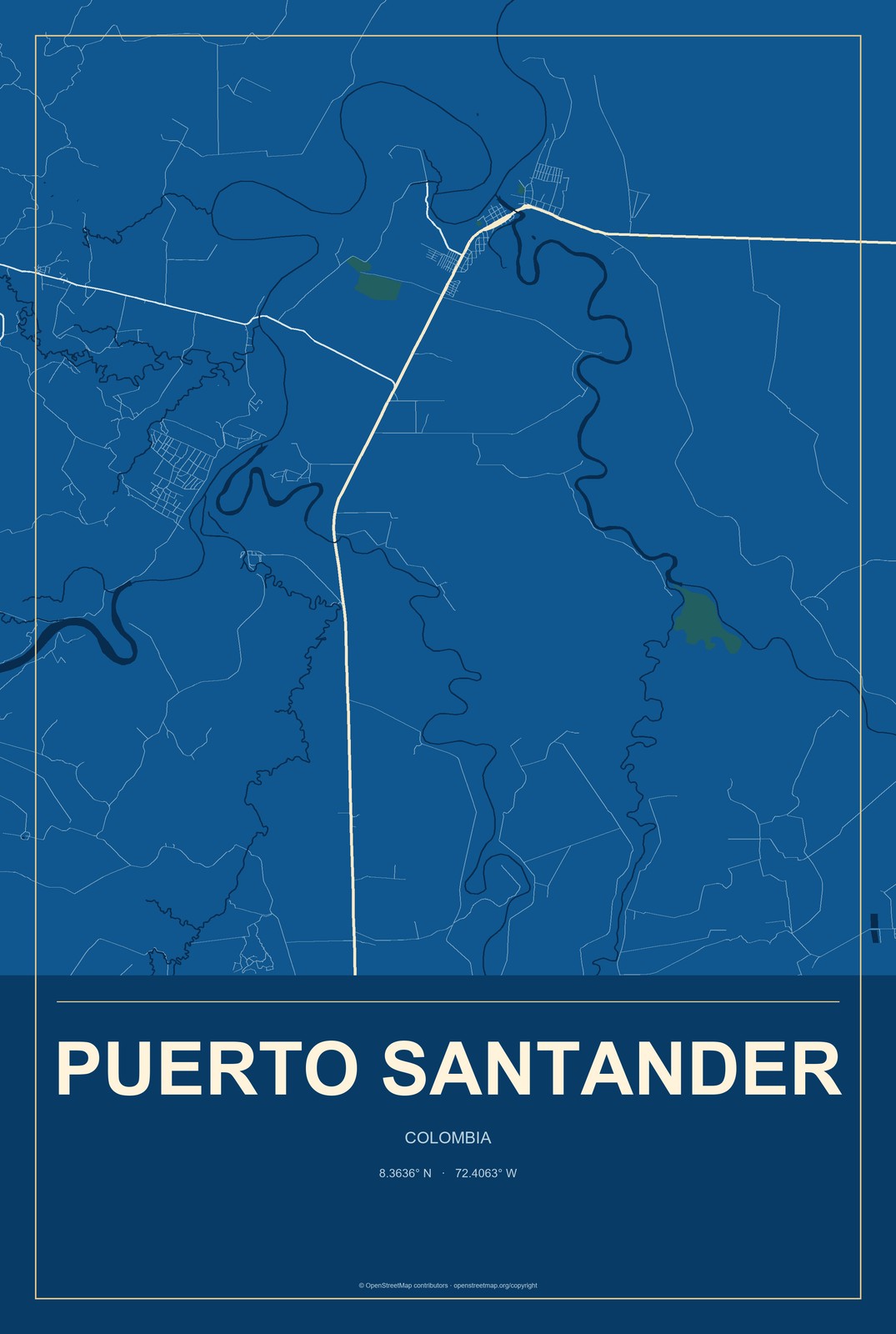Puerto Santander, Colombia City Map Aluminum Sign in Harbor Cobalt style