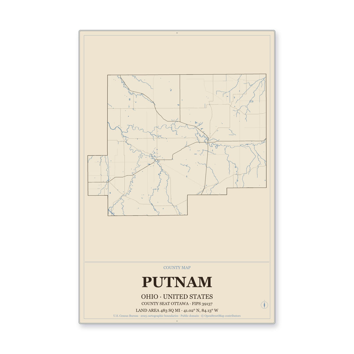 Putnam County, Ohio Map Aluminum Sign in Heritage Nautical style