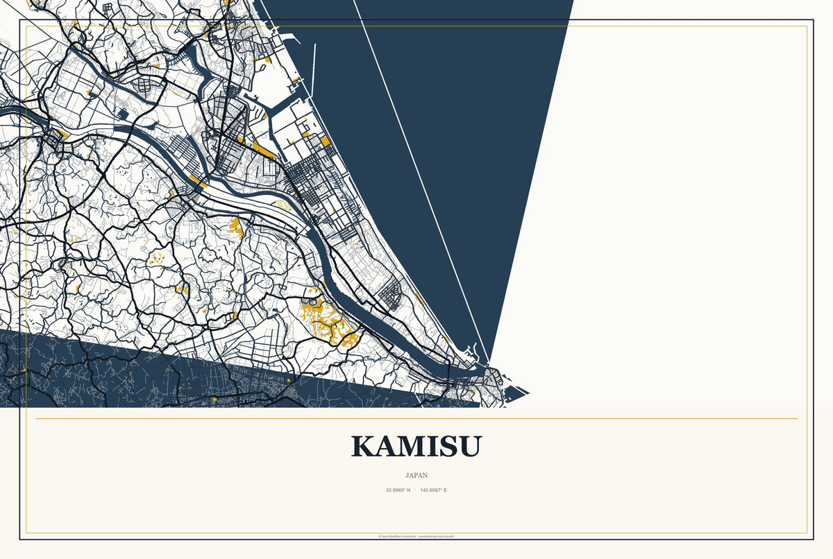 Kamisu, Japan City Map Aluminum Sign in Citrine Modern style