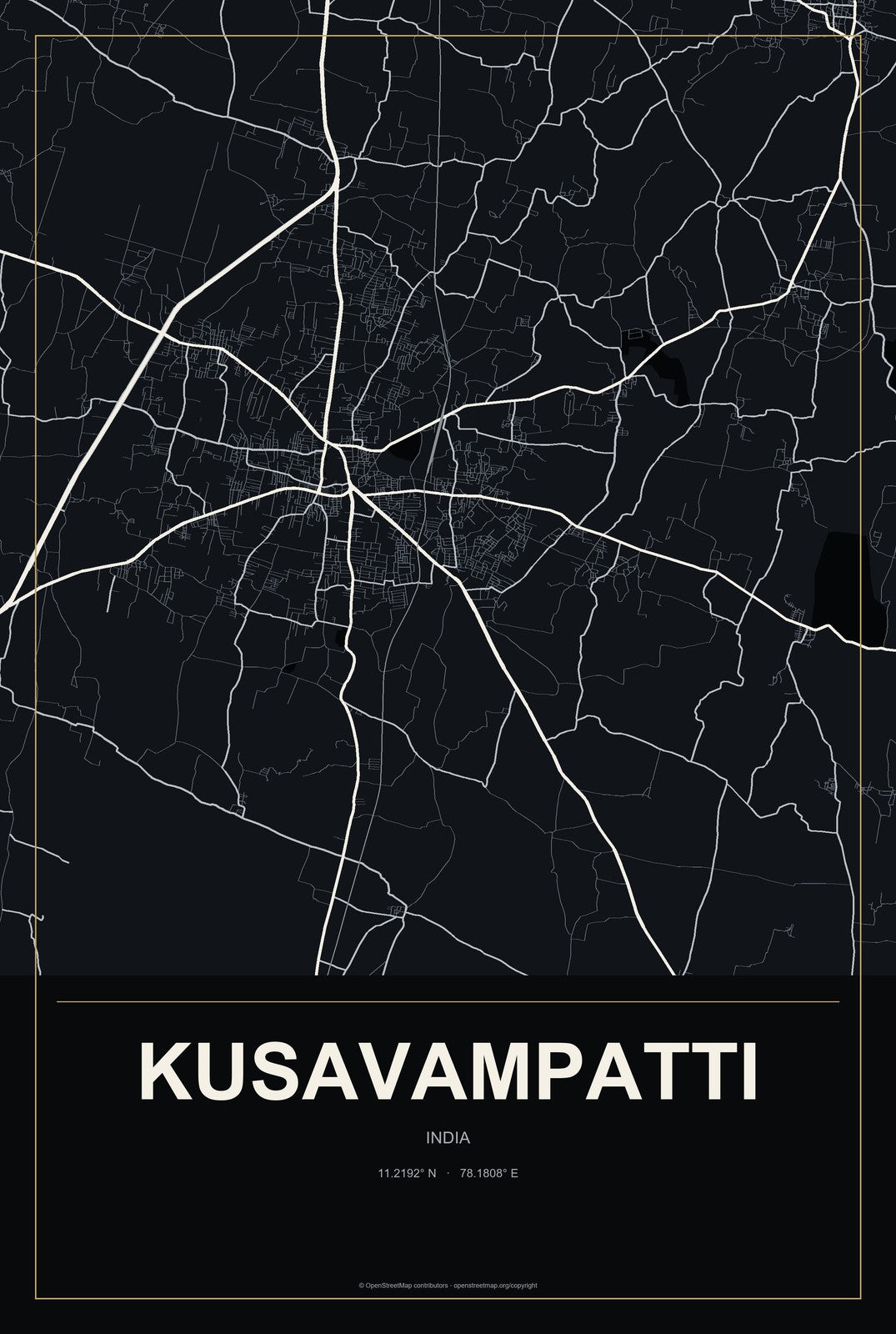 Kusavampatti, India City Map Aluminum Sign in Metropolitan Noir style