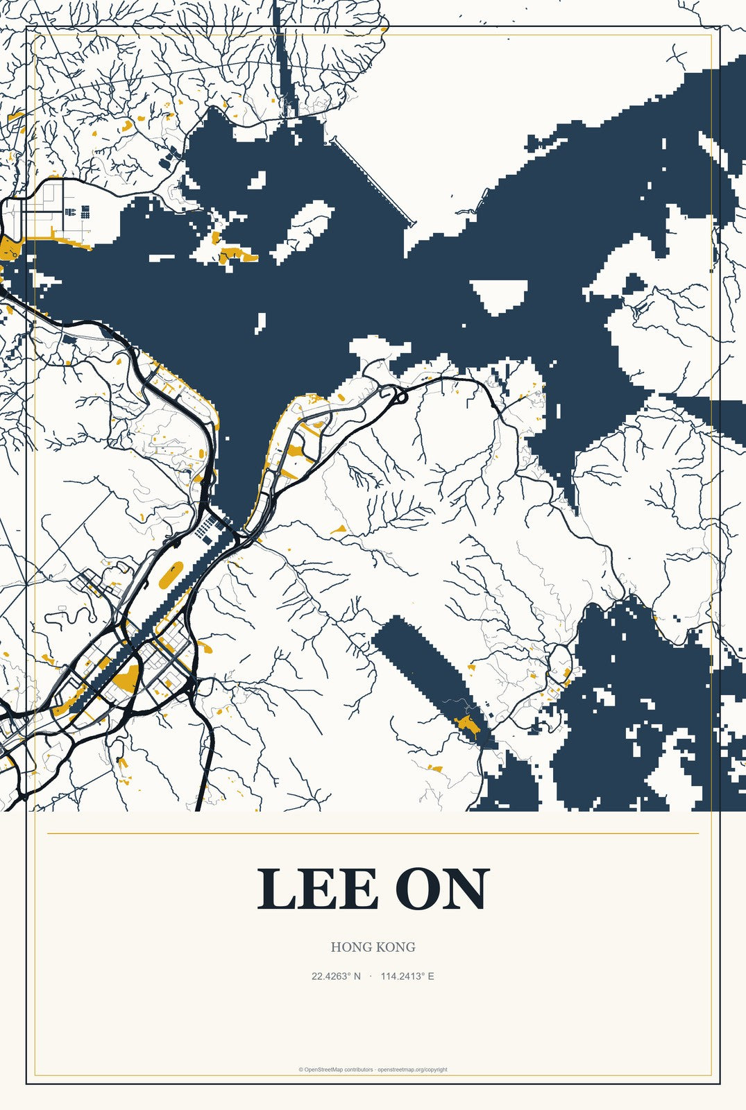 Lee On, Hong Kong City Map Aluminum Sign in Citrine Modern style