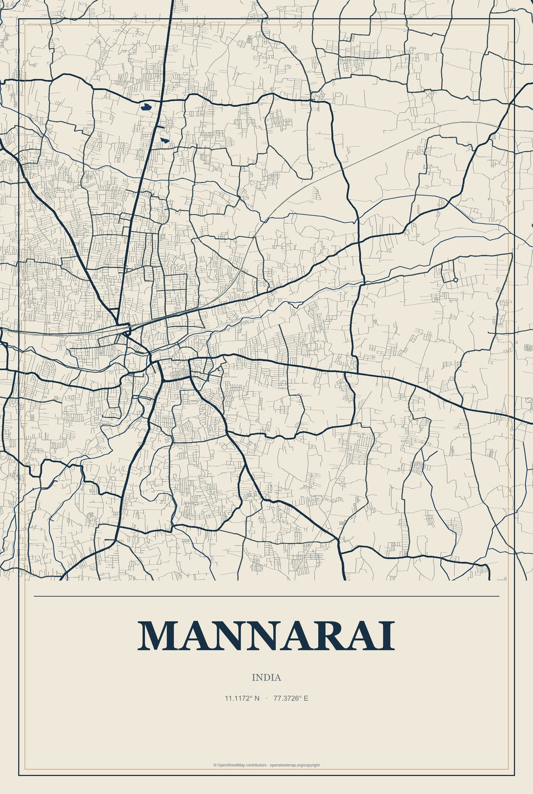 Mannarai, India City Map Aluminum Sign in Coastal Cutout style
