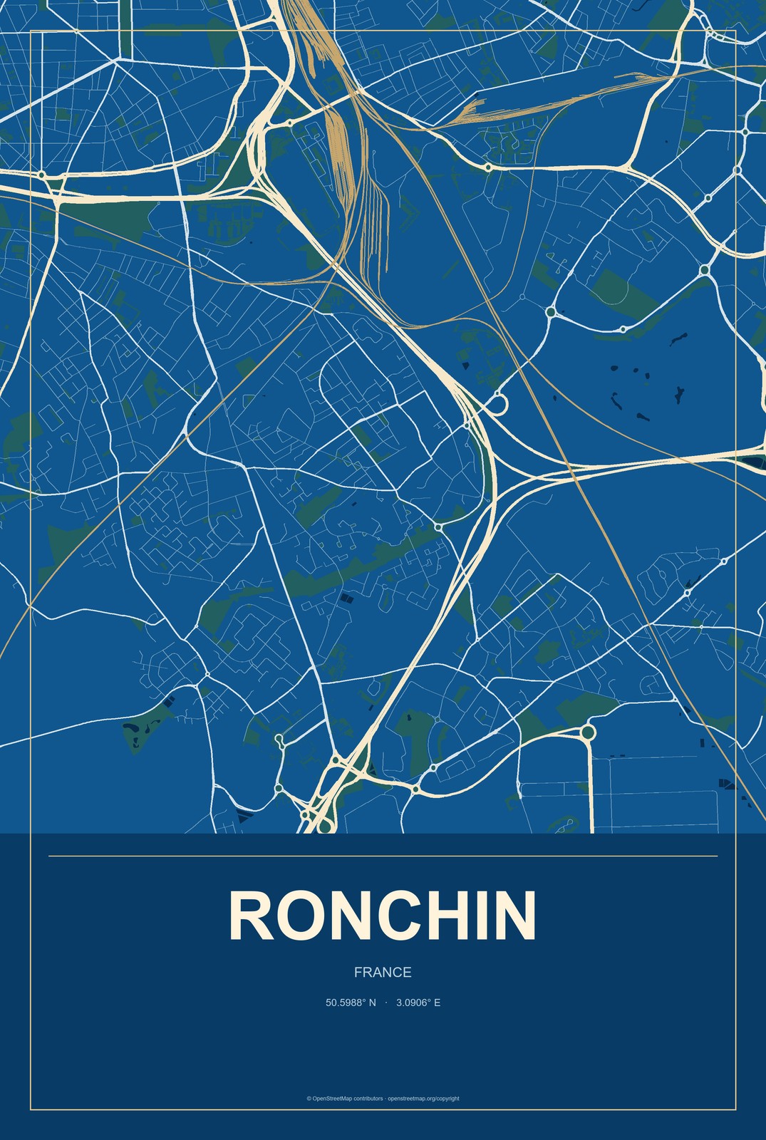 Ronchin, France City Map Aluminum Sign in Harbor Cobalt style