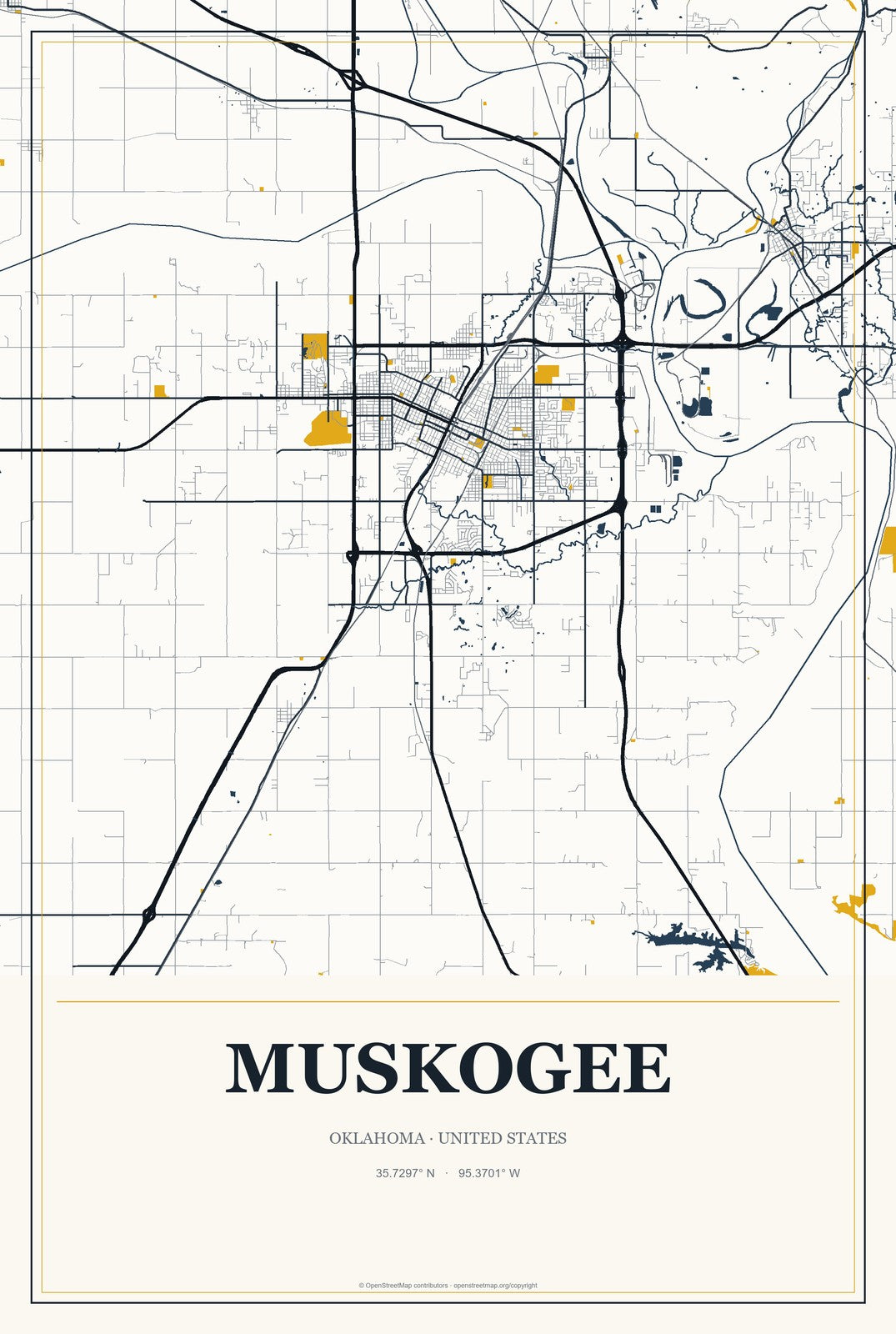 Muskogee, Oklahoma City Map Aluminum Sign in Citrine Modern style