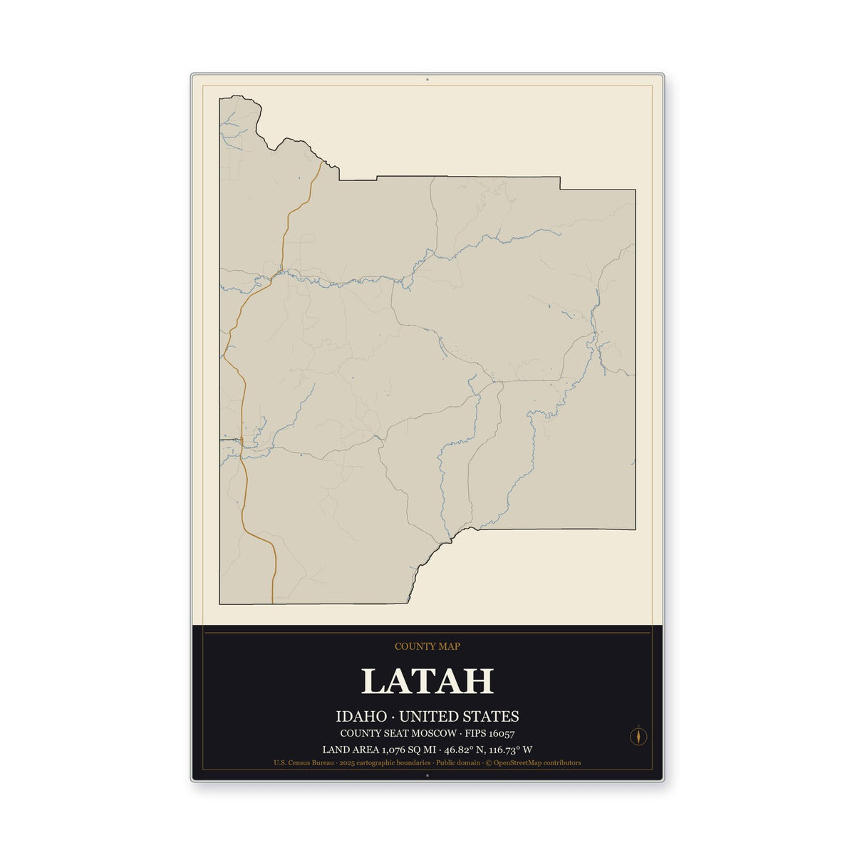 Latah County, Idaho Map Aluminum Sign in Museum Plaque style