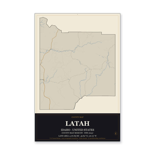 Latah County, Idaho Map Aluminum Sign in Museum Plaque style