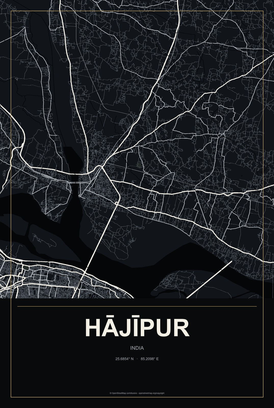 Hājīpur, India City Map Aluminum Sign in Metropolitan Noir style