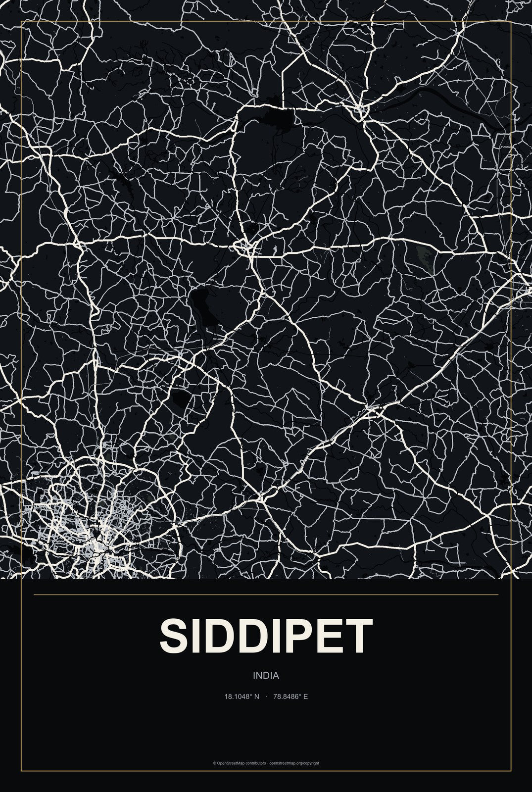Siddipet, India City Map Aluminum Sign in Metropolitan Noir style