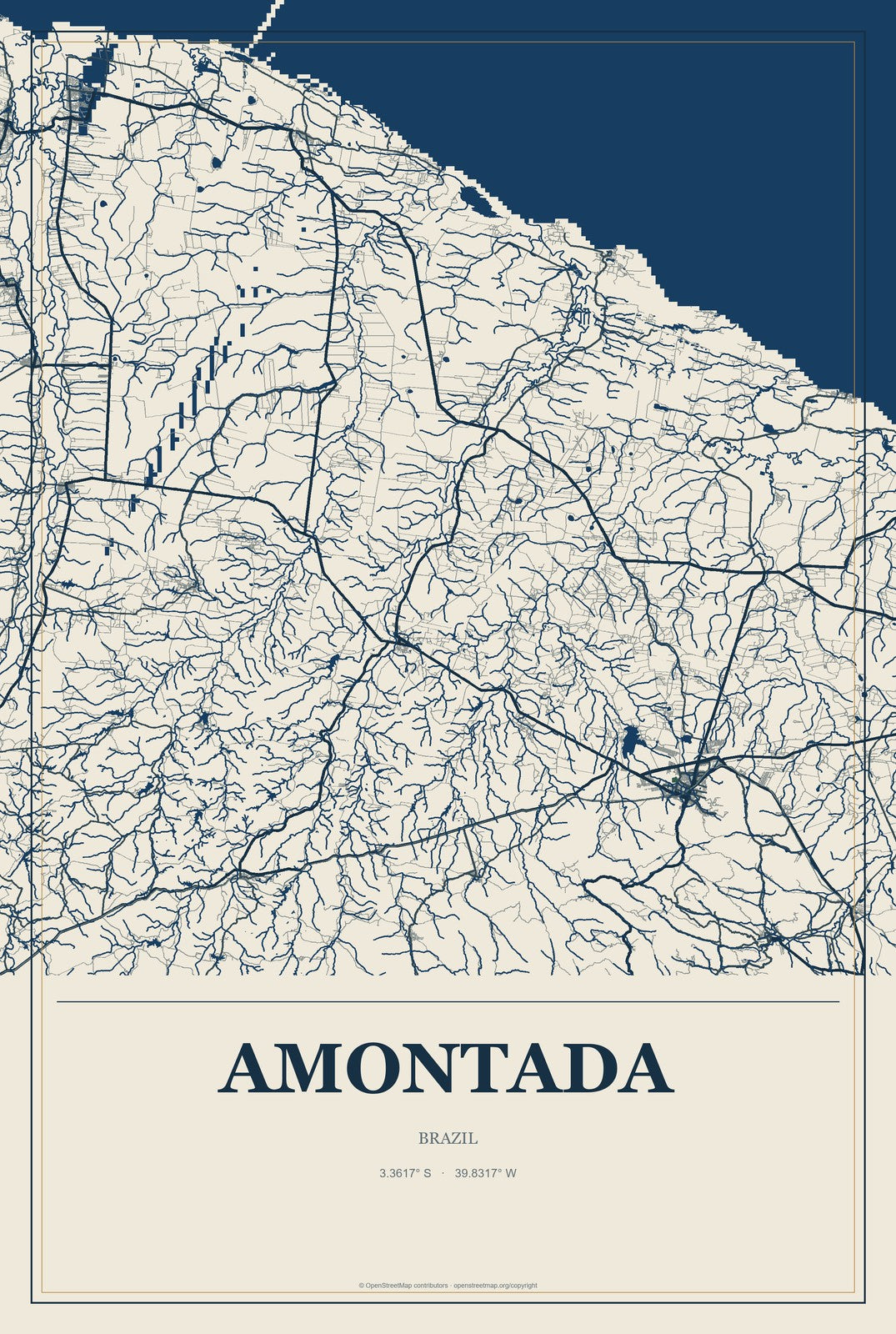 Amontada, Brazil City Map Aluminum Sign in Coastal Cutout style