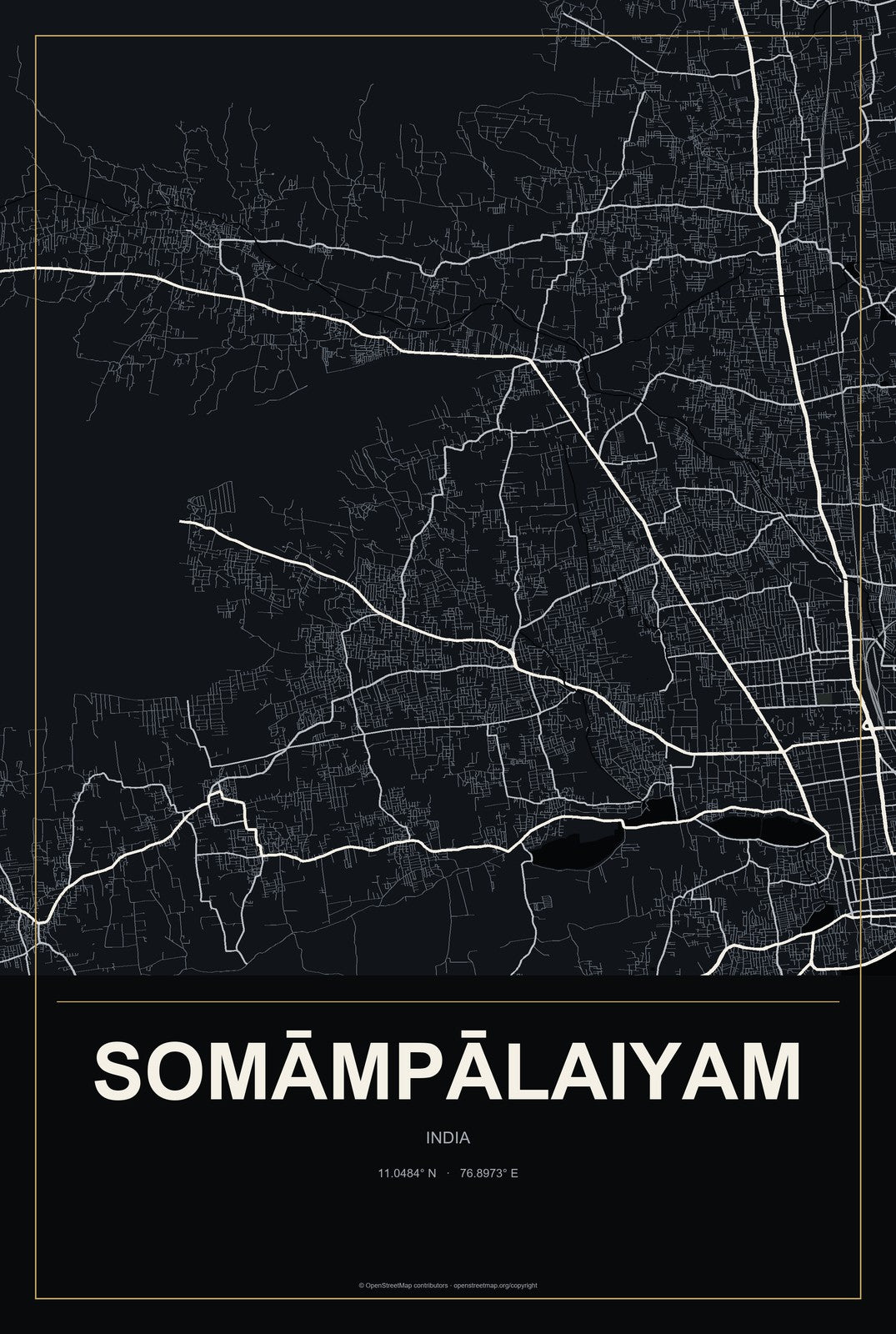 Somāmpālaiyam, India City Map Aluminum Sign in Metropolitan Noir style