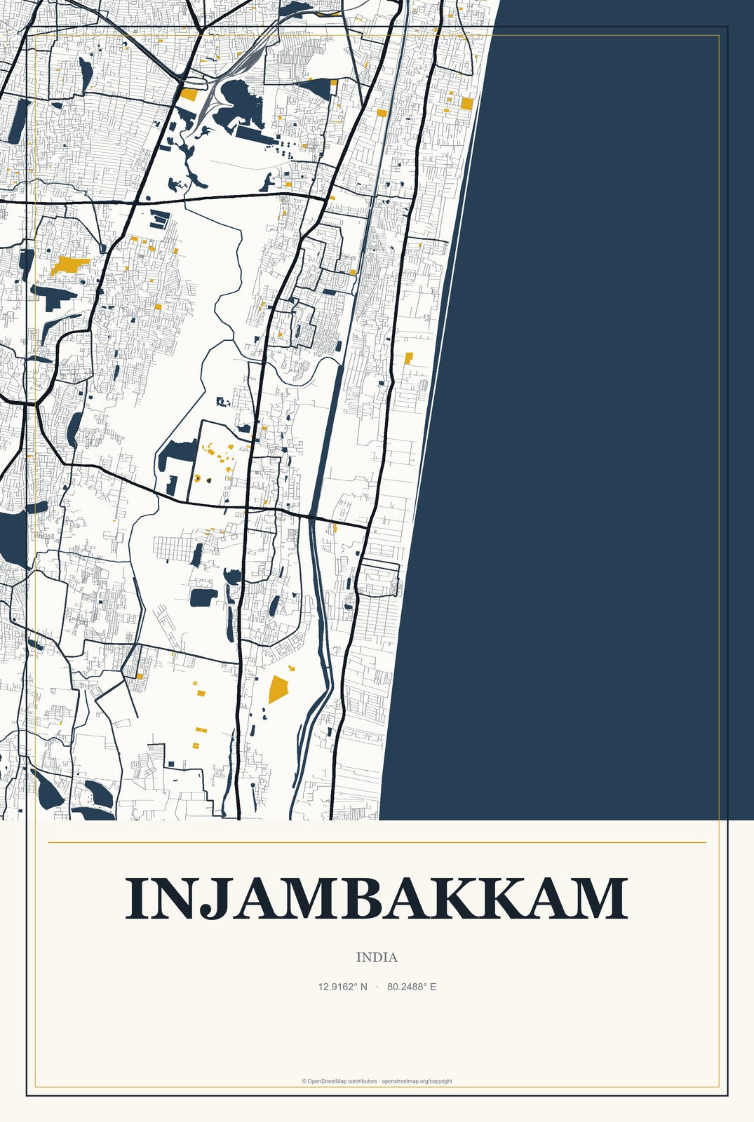 Injambakkam, India City Map Aluminum Sign in Citrine Modern style