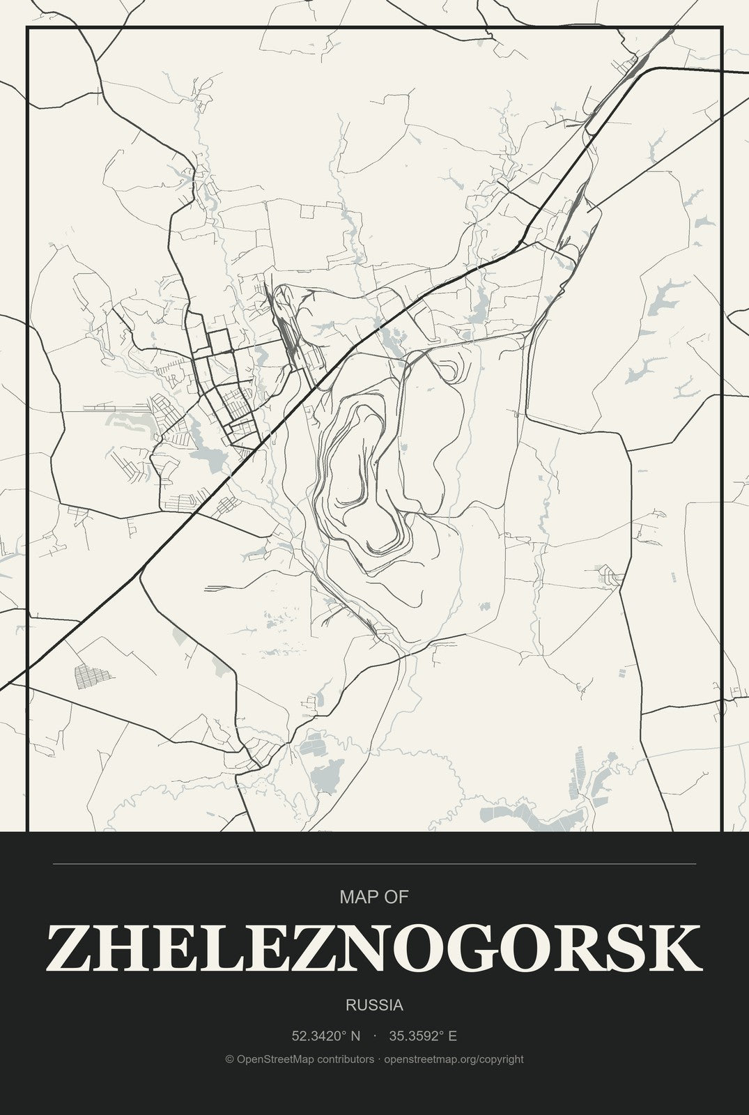 Zheleznogorsk, Kursk Oblast, Russia City Map Aluminum Sign in Museum Plaque style