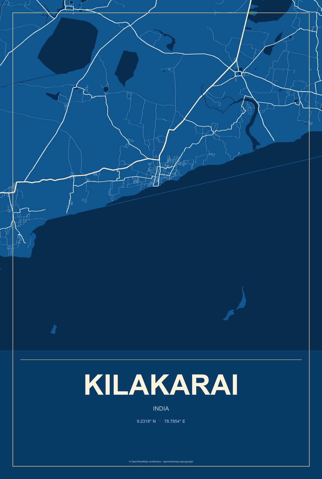 Kilakarai, India City Map Aluminum Sign in Harbor Cobalt style