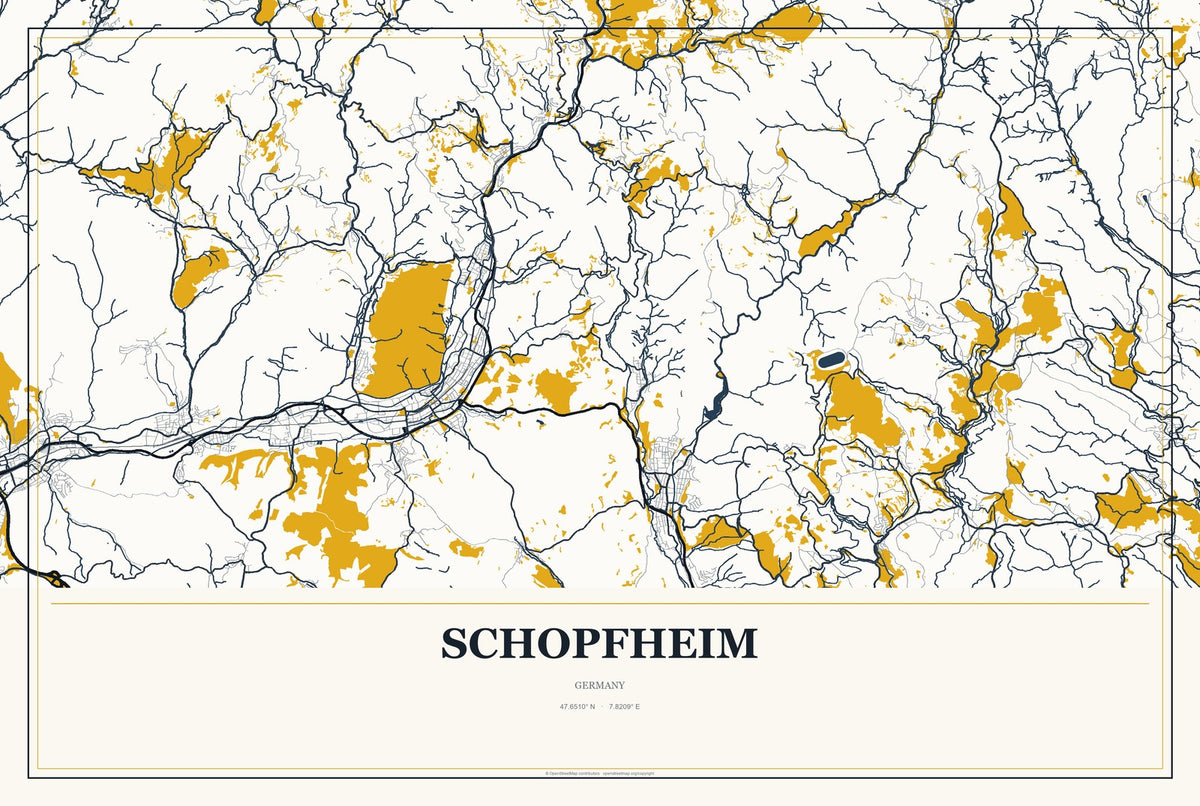 Schopfheim, Germany City Map Aluminum Sign in Citrine Modern style