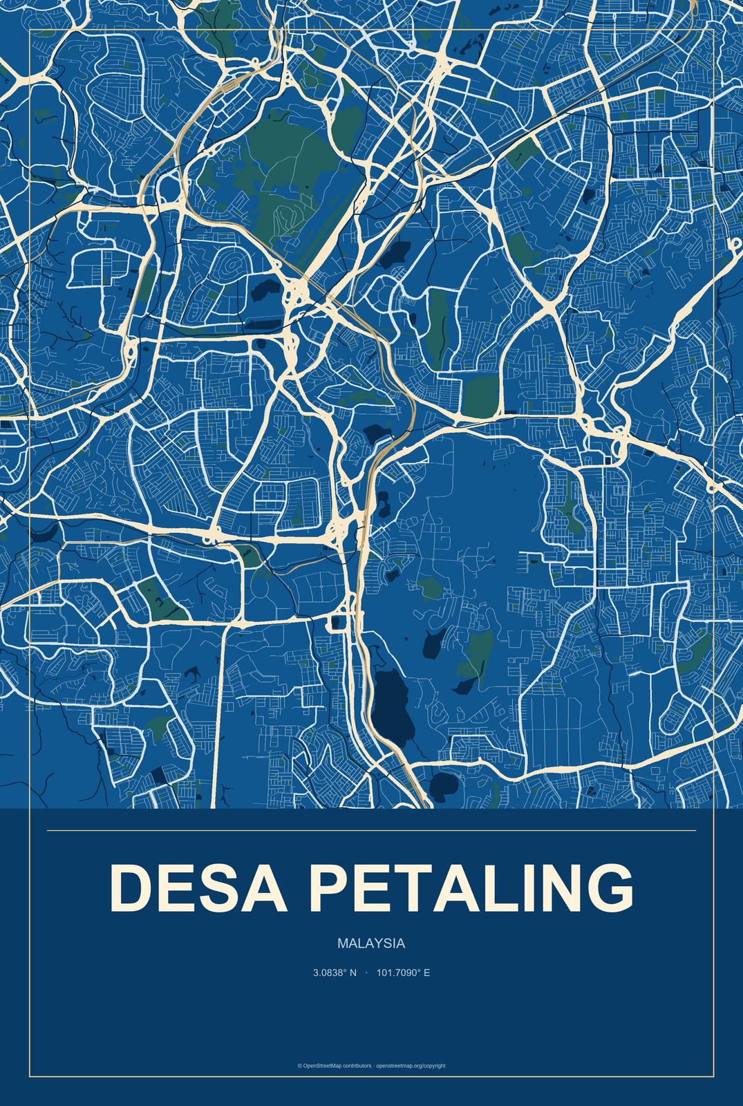 Desa Petaling, Malaysia City Map Aluminum Sign in Harbor Cobalt style