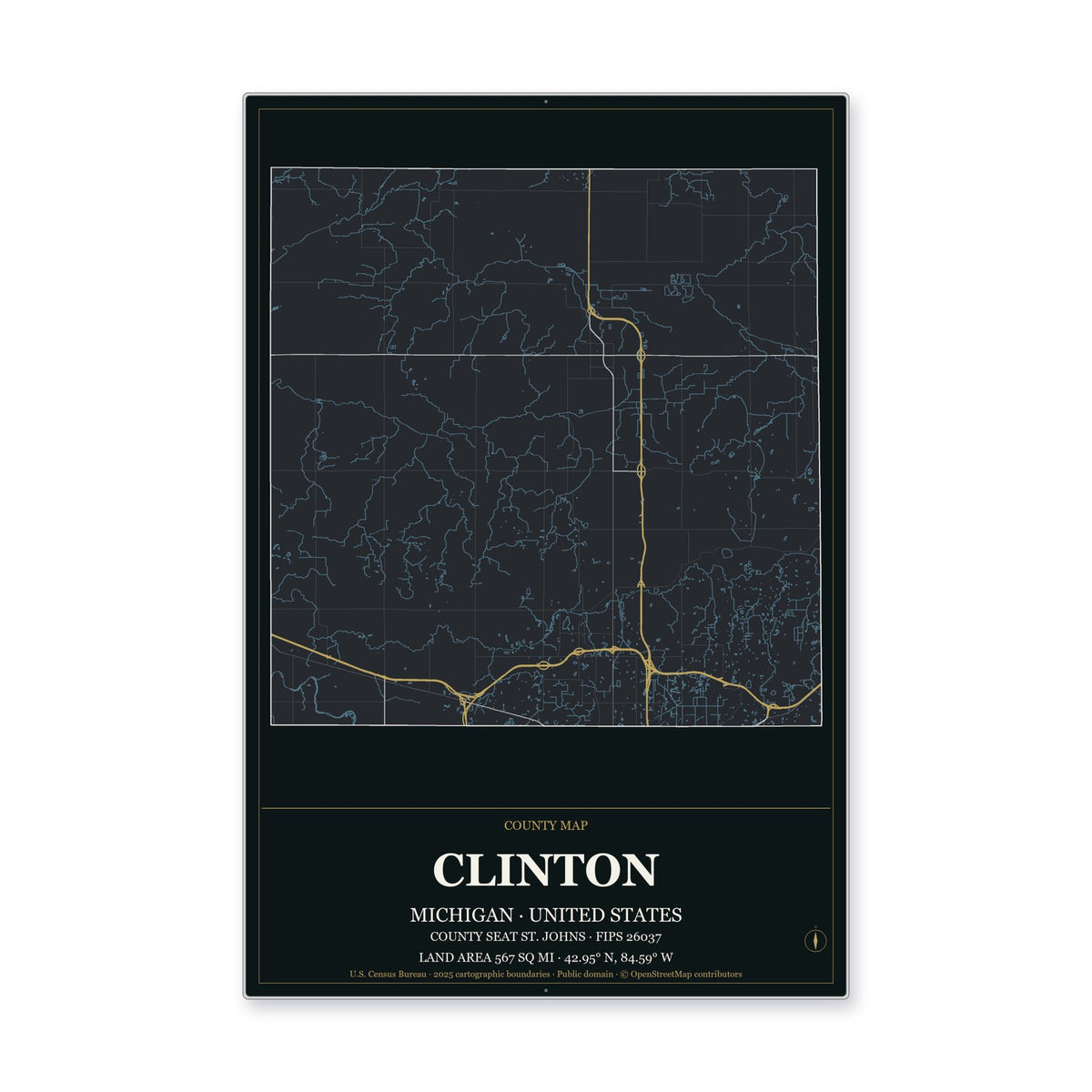 Clinton County, Michigan Map Aluminum Sign in Metropolitan Noir style