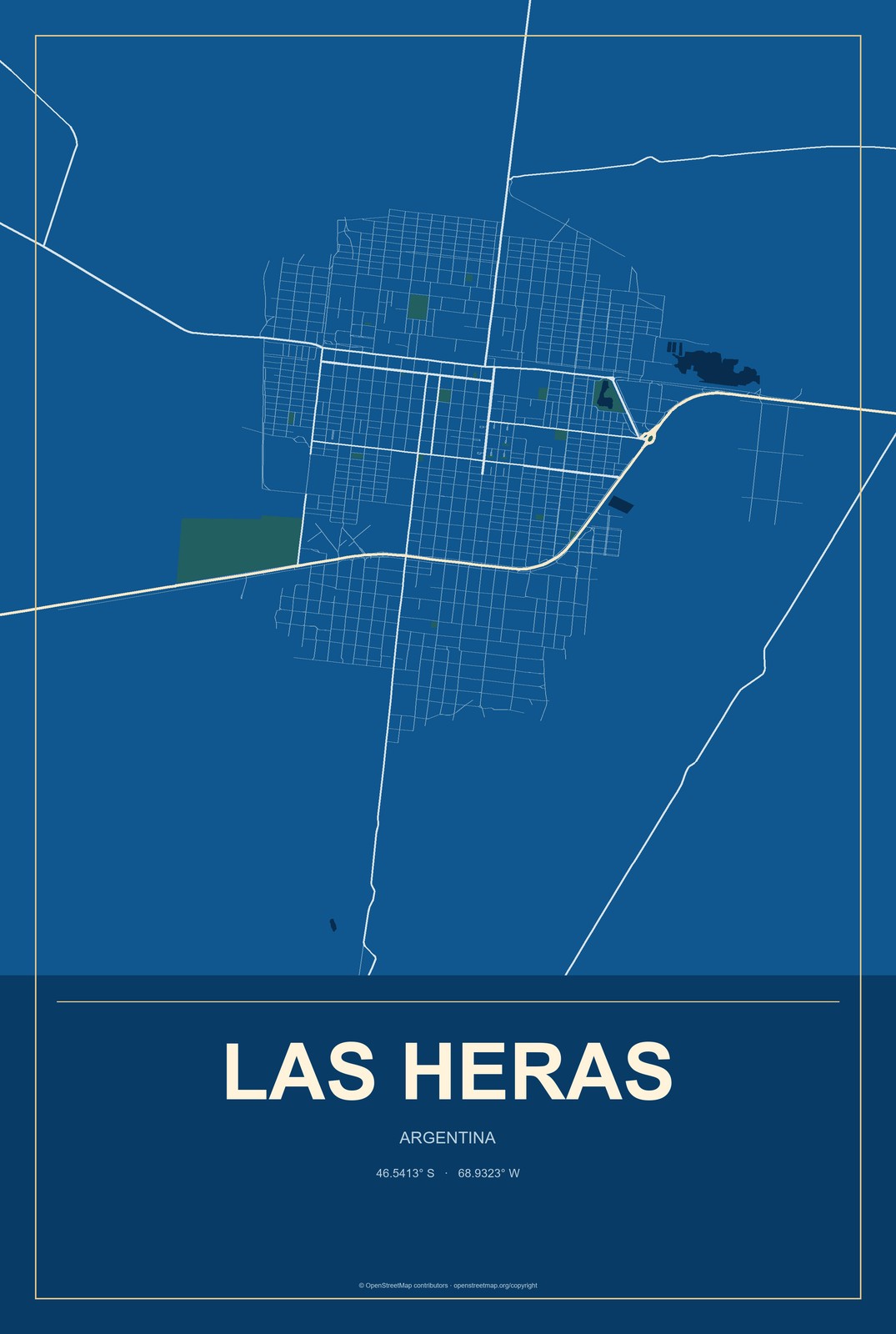 Las Heras, Argentina City Map Aluminum Sign in Harbor Cobalt style