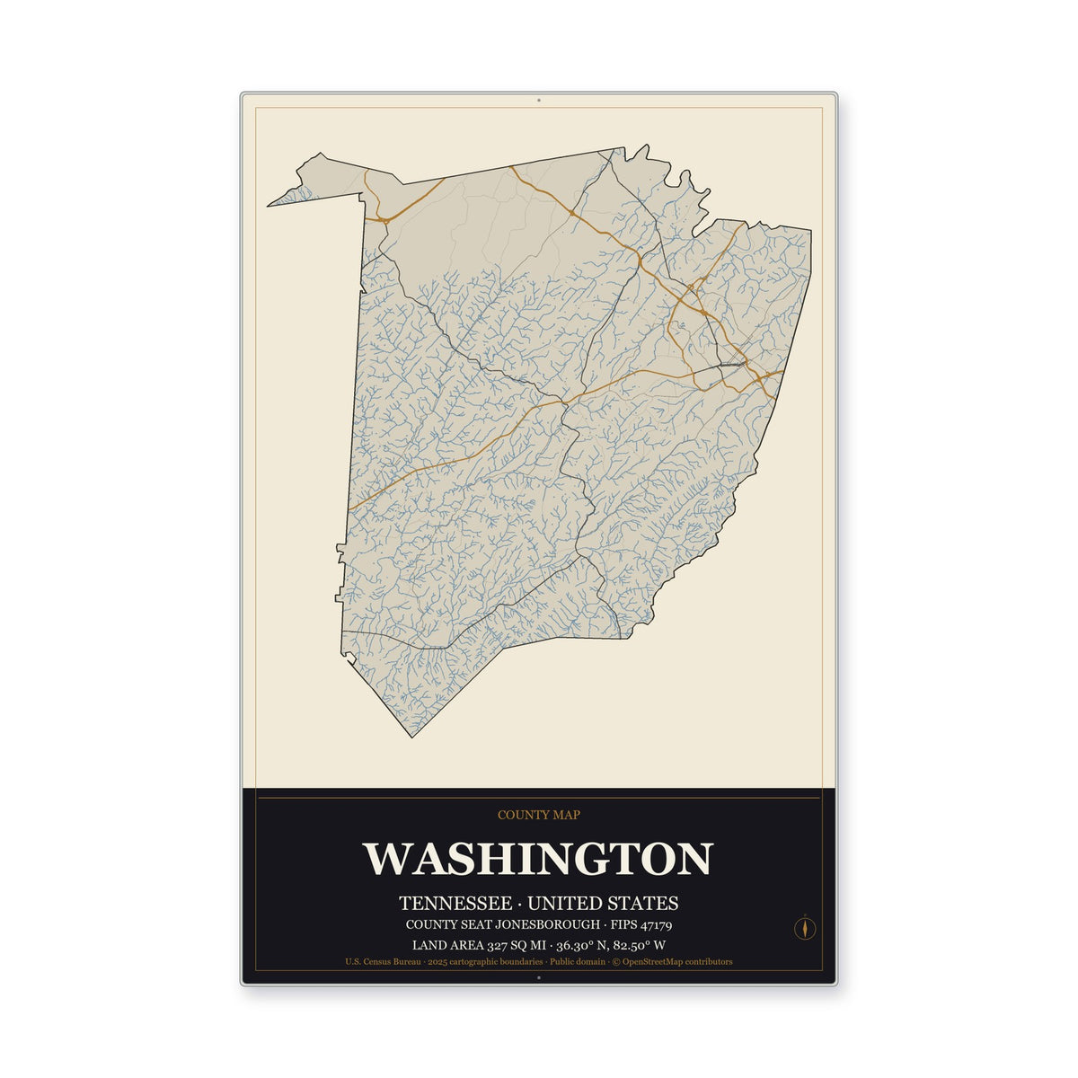 Washington County, Tennessee Map Aluminum Sign in Museum Plaque style