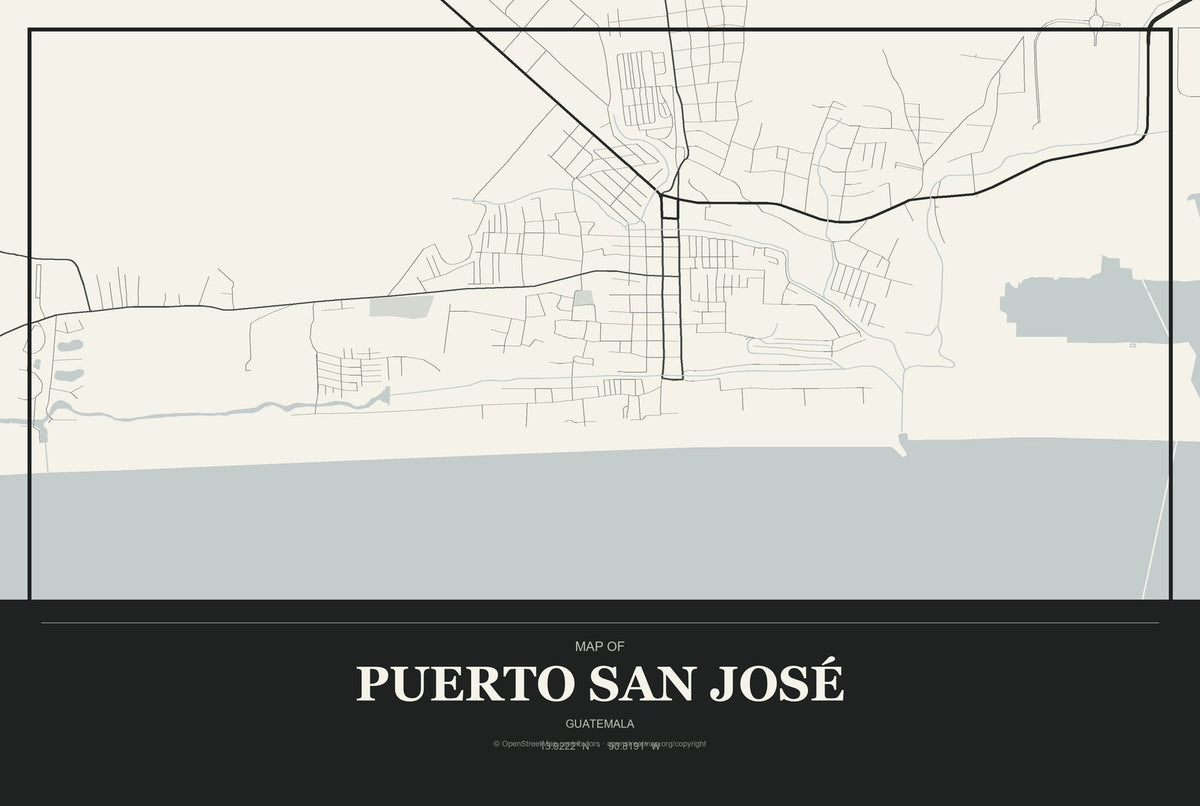 Puerto San José, Guatemala City Map Aluminum Sign in Museum Plaque style